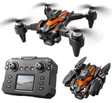 Foldable quadcopter drone with triple cameras and remote controller, orange and black