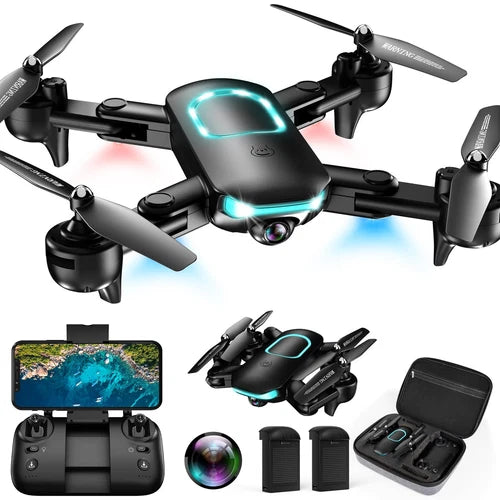 Foldable quadcopter drone with 1080P camera and blue LED lights