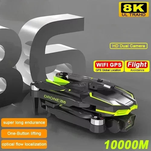 Black and green four-axis drone with dual camera module and propellers