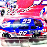 Blue and white diecast stock car with red accents, number 99 on doors and hood.