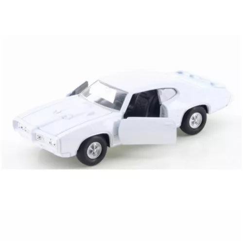 White 1969 Pontiac GTO diecast pull-back toy car, front and side with open door