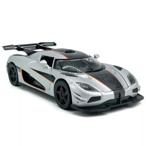 Silver diecast toy car model with black racing stripes and detailed front grille
