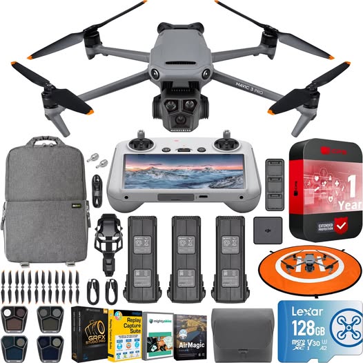 DJI Mavic 3 Pro drone with RC remote, screen, batteries, propellers, carrying case