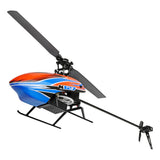 RC helicopter with single rotor, blue and orange body, black frame