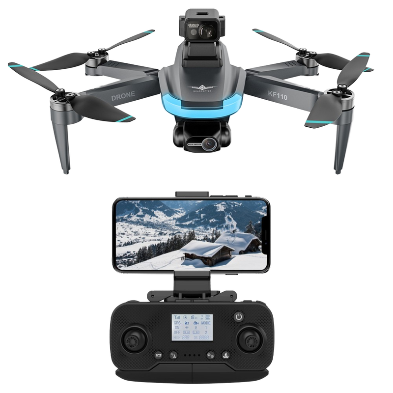 Mini quadcopter drone with 4 props, front camera, and black controller