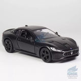 Matte black 1/36 diecast Maserati GT model car, front 3/4 view