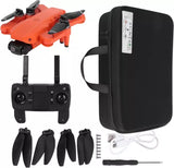Foldable GPS drone kit with orange drone, black controller, propellers, and carrying case