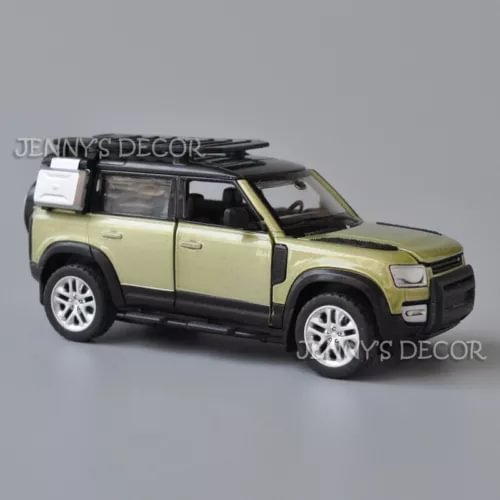 Land Rover Defender diecast SUV, light green with black roof and silver wheels