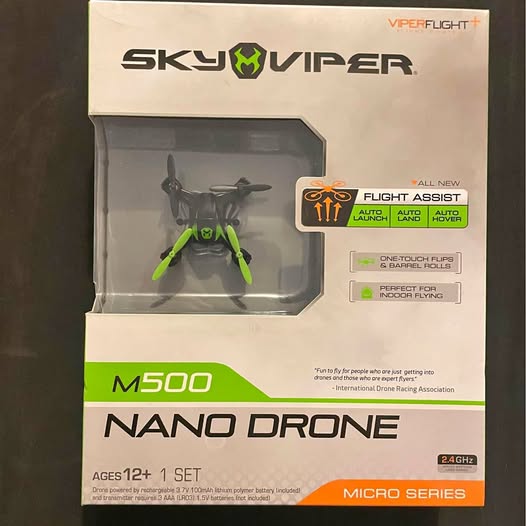 Boxed nano drone with green quadcopter, micro series, 2.4GHz
