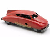 Red diecast vintage car model with tan side stripe and black windows