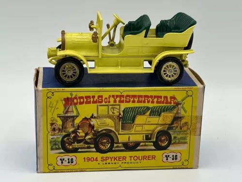 Yellow 1904 Spyker Tourer vintage diecast car in boxed packaging, Y-16
