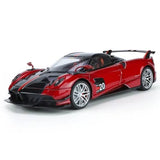 Red Pagani diecast model car with black hood stripes, number 20, silver wheels