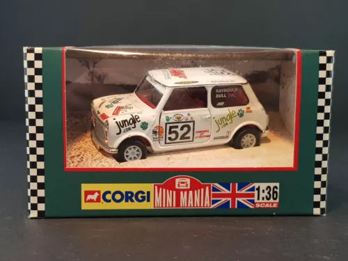1:36 scale mini diecast rally car model in box, white with jungle graphics and number 52