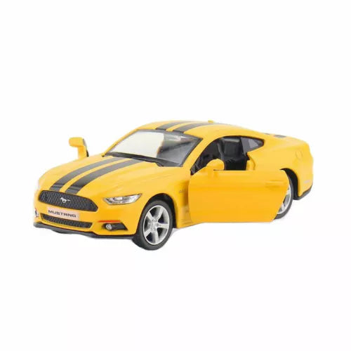 Yellow diecast toy car with black racing stripes, front three-quarter view