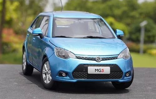 1/20 scale blue MG3 diecast car model, front three-quarter view with grille and headlights