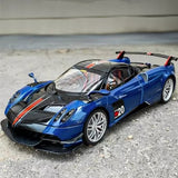 Blue and black diecast sports car model, front three-quarter view with detailed wheels