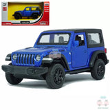 Blue diecast Rubicon hard-top model car toy with black wheels and grille