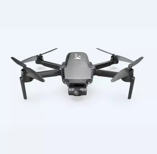 Compact quadcopter drone with 3-axis gimbal camera and four propellers, dark gray