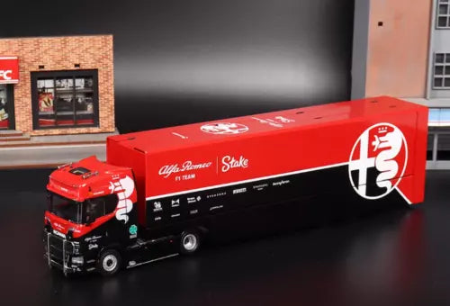 Diecast double-deck truck model with enclosed trailer, red cab and black body