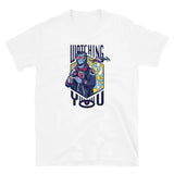 White T-shirt with colorful drone pilot spy graphic on front