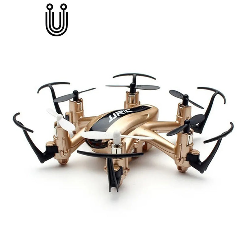 Gold hexacopter drone with six black propellers and landing legs, 6-axis design