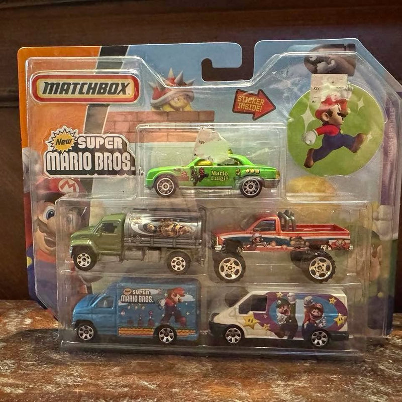 Matchbox Super Mario Bros. car set in clear blister packaging with four diecast cars