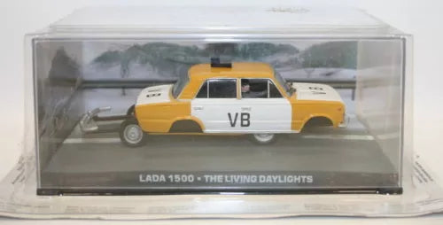 Fabbri 1/43 scale Lada 1500 diecast model car, yellow and white, in display case