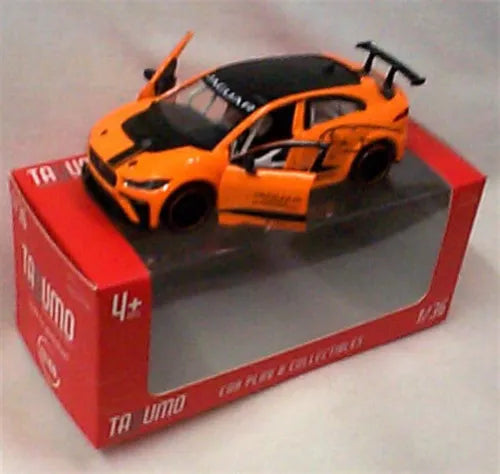 Orange diecast pull-back race car toy in retail box