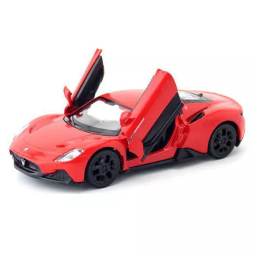 1:36 scale diecast model car, red Maserati MC20 with scissor doors open
