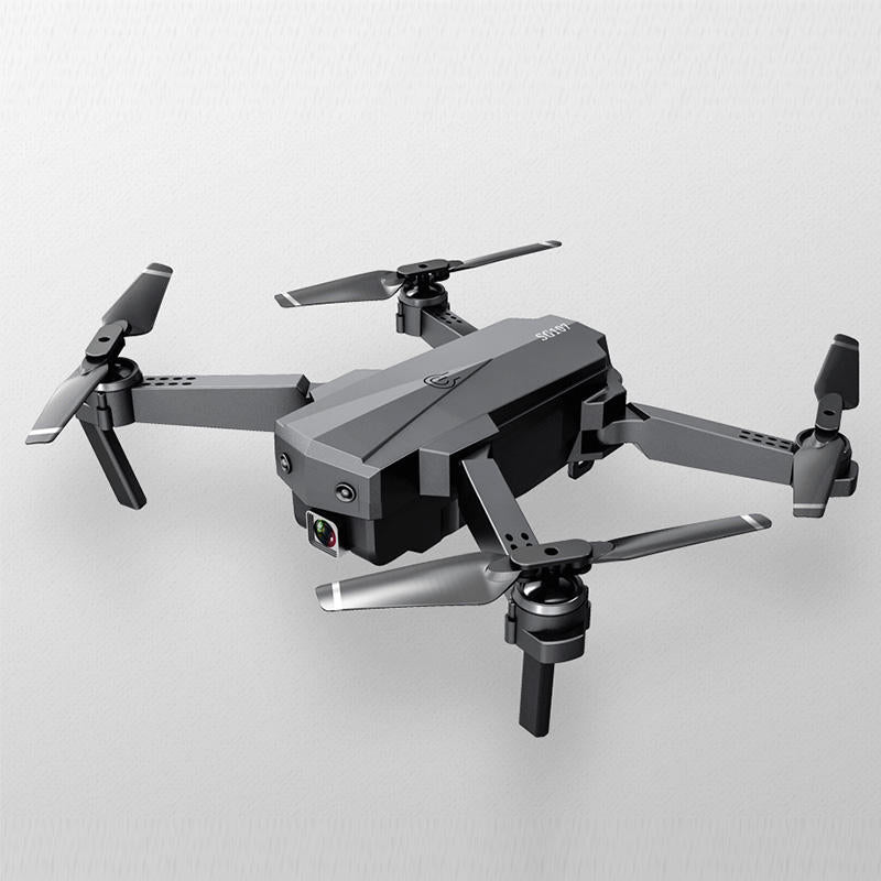 Black and gray quadcopter drone with four rotors and front 2-axis gimbal camera