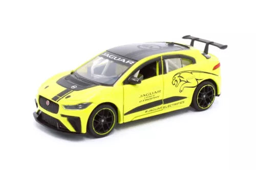 Jaguar I-PACE 1/36 diecast model car, yellow with black accents and opening roof.