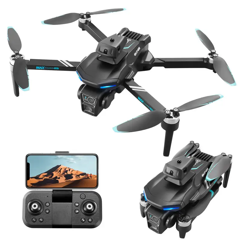 Foldable quadcopter drone with controller and four propellers, dark gray