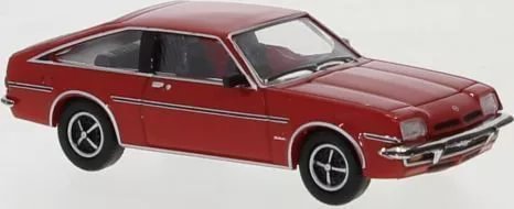 Red diecast sports car model with black side stripes and chrome bumper, front 3/4 view