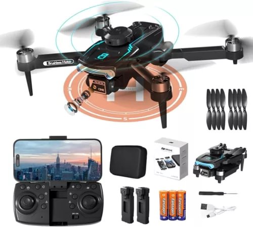 Mini black camera drone with remote controller, battery, and spare propeller set