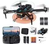 Mini black camera drone with remote controller, battery, and spare propeller set