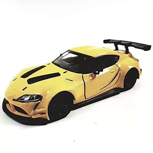 Yellow racing diecast toy car with black hood and side vents, open cockpit detail