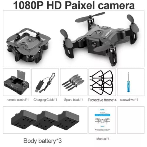 Foldable mini quadcopter drone with 4 propellers, dark gray body