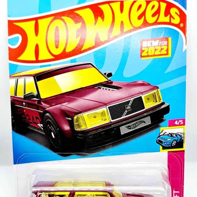 Hot Wheels diecast drift wagon toy car in maroon with yellow windows and front grille