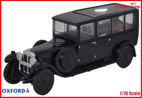 Oxford diecast black hearse model, front 3/4 view with chrome grille