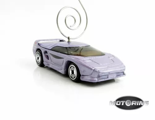 Purple diecast car ornament with metal swirl hanging hook