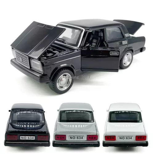 1:32 Lada VAZ diecast toy car, black sedan, open hood and rear view