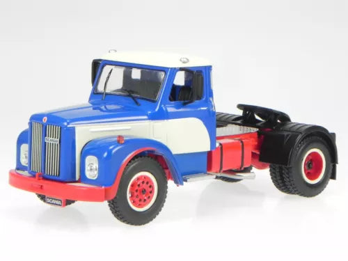 Scania 110 Super 1953 diecast truck cab with black trailer hitch, blue and red accents