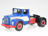 Scania 110 Super 1953 diecast truck cab with black trailer hitch, blue and red accents