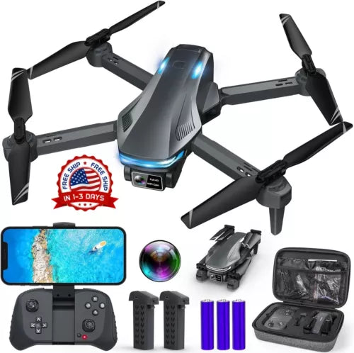 Foldable quadcopter drone with camera, black and gray, with remote controller and case
