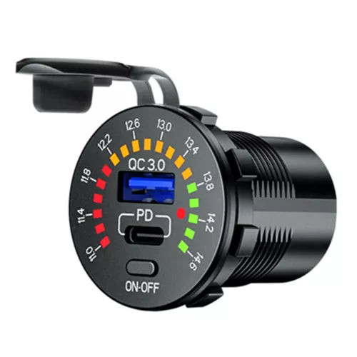 Black QC 3.0 USB car charger with on-off switch and numbered dial