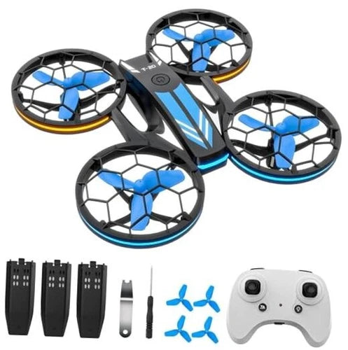 Kids mini quadcopter drone with blue accents, four prop guards, plus white controller