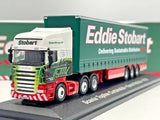 Diecast curtainside lorry model, red Scania cab and green Eddie Stobart trailer