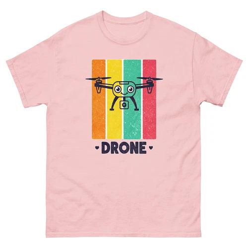 Pink T-shirt with colorful drone graphic and text 'DRONE' on front