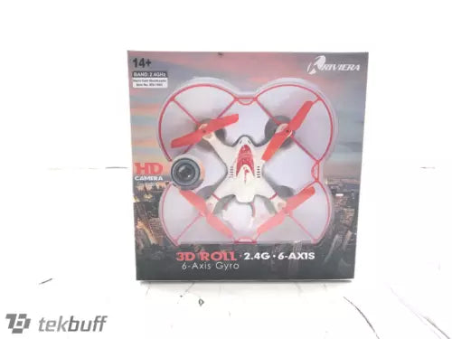Nano quadcopter drone retail box with red propellers and 6-axis gyro text