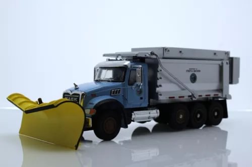 Diecast snow plow salt dump truck model with blue cab and yellow plow